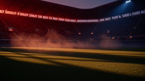 Floodlit football stadium at dusk with packed stands and dramatic blue-red atmospheric lighting over empty pitch.