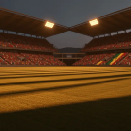 Floodlit stadium at dusk with packed stands in red-blue and green-gold colours, empty pitch with dramatic shadow patterns, low ground-level angle