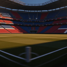 Floodlit empty stadium corner view with red and blue accent lighting, long shadows on pitch, evening atmosphere.