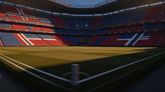 Floodlit empty stadium corner view with red and blue accent lighting, long shadows on pitch, evening atmosphere.