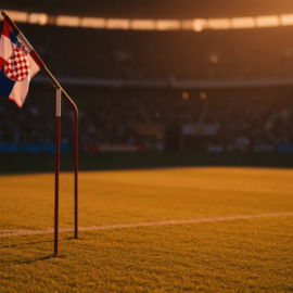 Floodlit stadium pitch at golden hour with packed stands and dramatic shadow patterns, no players visible.
