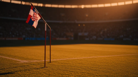 Floodlit stadium pitch at golden hour with packed stands and dramatic shadow patterns, no players visible.