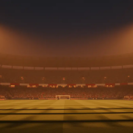 Floodlit stadium with packed stands at dusk, dramatic lighting and shadow patterns on empty pitch.