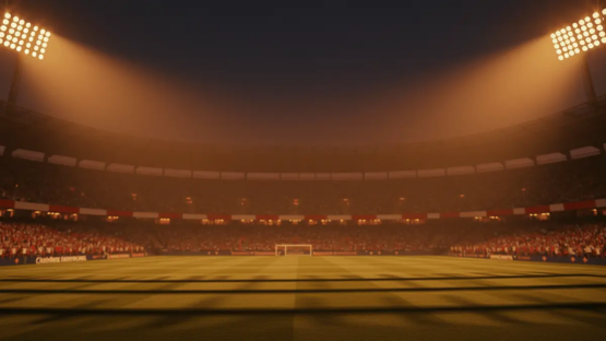 Floodlit stadium with packed stands at dusk, dramatic lighting and shadow patterns on empty pitch.