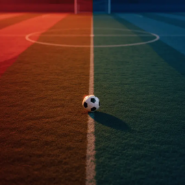 Floodlit football pitch from above at sunset with red and blue colour grading; match ball on centre circle.