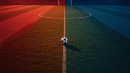 Floodlit football pitch from above at sunset with red and blue colour grading; match ball on centre circle.