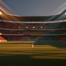 Floodlit stadium at sunset with empty pitch, national colors in architectural elements, dramatic shadows and golden-hour lighting.