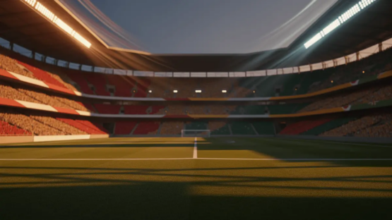 Floodlit stadium at sunset with empty pitch, national colors in architectural elements, dramatic shadows and golden-hour lighting.