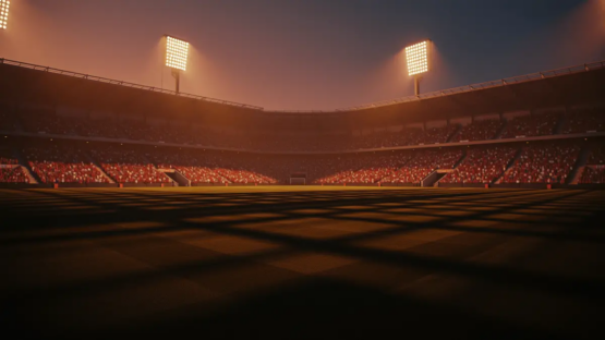 Floodlit stadium at sunset with packed stands and dramatic shadows, no players visible, golden-hour kick-off atmosphere.