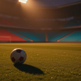 Football pitch in evening stadium light with red and turquoise accent lighting, match ball in focus on touchline.