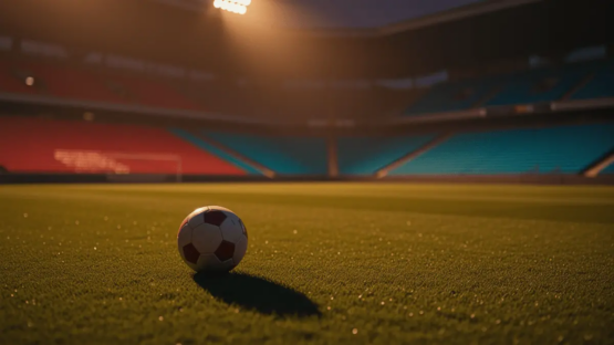 Football pitch in evening stadium light with red and turquoise accent lighting, match ball in focus on touchline.
