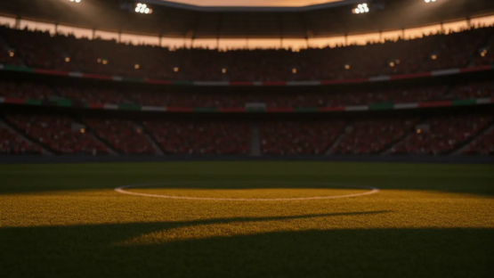 Empty floodlit stadium pitch at golden-hour with red and green flag colours in crowd, dramatic shadows, packed stands.