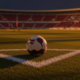 Empty floodlit stadium pitch at dusk with match ball on centre spot, dramatic shadows and maroon-white-red colour accents.