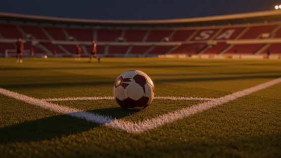 Empty floodlit stadium pitch at dusk with match ball on centre spot, dramatic shadows and maroon-white-red colour accents.