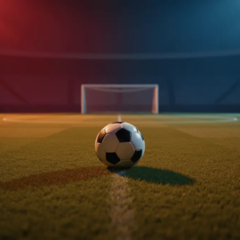 Floodlit football pitch with match ball on centre spot, dramatic shadows, stadium lights, pre-match atmosphere.