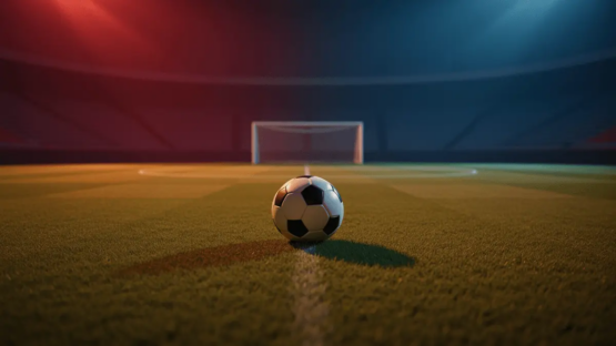 Floodlit football pitch with match ball on centre spot, dramatic shadows, stadium lights, pre-match atmosphere.
