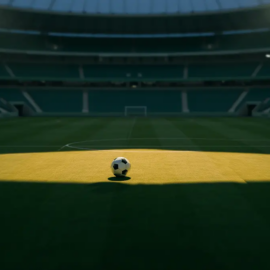 Empty floodlit stadium pitch at evening, green and white ambient lighting, match ball on centre spot, no players visible.