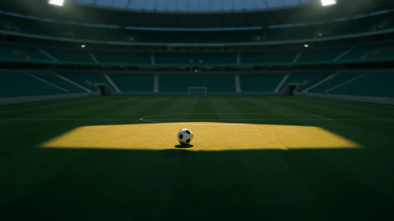Empty floodlit stadium pitch at evening, green and white ambient lighting, match ball on centre spot, no players visible.