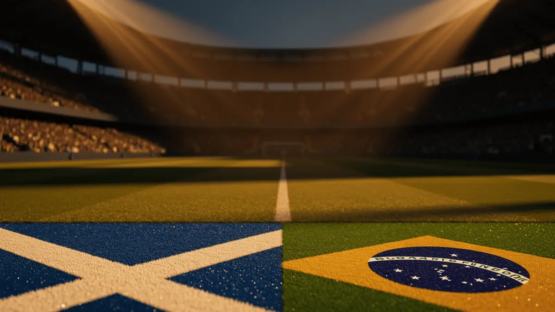 Floodlit stadium pitch at golden-hour kick-off, sharp shadows and volumetric light rays, empty field ready for match.