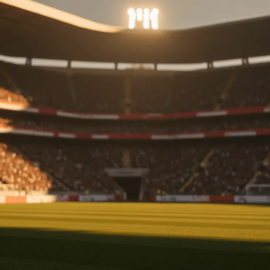Floodlit stadium at golden-hour with dramatic shadows, packed stands, and atmospheric lighting in Senegal and Iraq national colours.