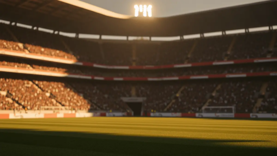 Floodlit stadium at golden-hour with dramatic shadows, packed stands, and atmospheric lighting in Senegal and Iraq national colours.