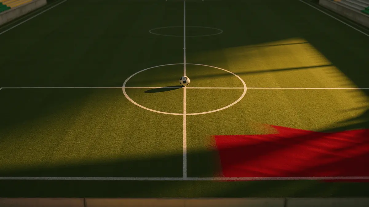 Aerial view of floodlit football pitch at sunset with Senegal flag colours in stadium stands, match ball on centre circle.