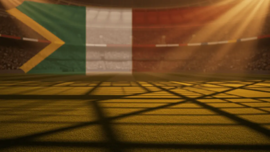 Floodlit stadium pitch at golden-hour with flag-colored lighting, dramatic shadows, empty green field, packed stands silhouette.