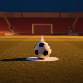Floodlit empty football pitch at golden hour with match ball on centre spot, dramatic stadium shadows, pre-match atmosphere.