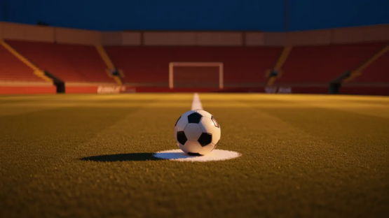 Floodlit empty football pitch at golden hour with match ball on centre spot, dramatic stadium shadows, pre-match atmosphere.