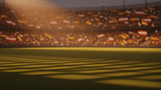 Floodlit stadium pitch at golden hour with packed stands in Spain and Austria flag colours, no players visible