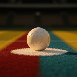 Floodlit football pitch at sunset with match ball on centre spot, crimson-gold and blue-yellow ambient lighting, empty stadium.