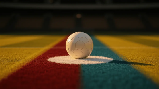 Floodlit football pitch at sunset with match ball on centre spot, crimson-gold and blue-yellow ambient lighting, empty stadium.