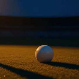 Empty floodlit stadium pitch at golden hour, match ball on penalty spot, blue and yellow colour palette, dramatic shadows.
