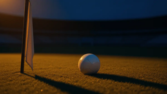 Empty floodlit stadium pitch at golden hour, match ball on penalty spot, blue and yellow colour palette, dramatic shadows.