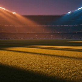 Floodlit stadium pitch with dramatic shadows, packed stands blurred in background, golden-hour lighting ambiance.