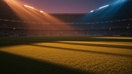 Floodlit stadium pitch with dramatic shadows, packed stands blurred in background, golden-hour lighting ambiance.