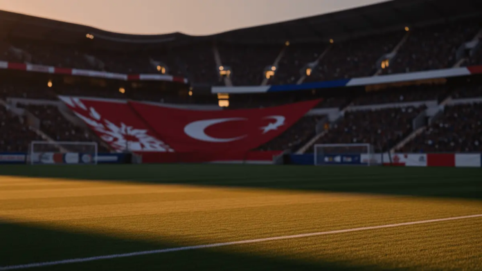 Floodlit stadium pitch at dusk with dramatic shadows, red and white Turkish flag colours, packed stands and golden-hour lighting.