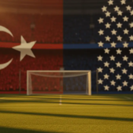 Floodlit football pitch with red and blue flag colours reflected on grass, packed stadium stands at dusk, cinematic sports photography.