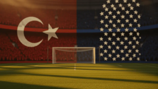 Floodlit football pitch with red and blue flag colours reflected on grass, packed stadium stands at dusk, cinematic sports photography.