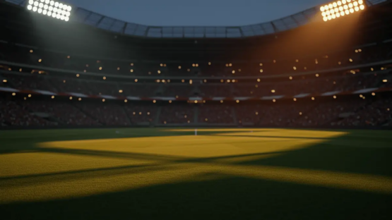 Floodlit stadium pitch at dusk with dramatic shadow patterns and packed stands, shot at low angle with shallow depth of field.