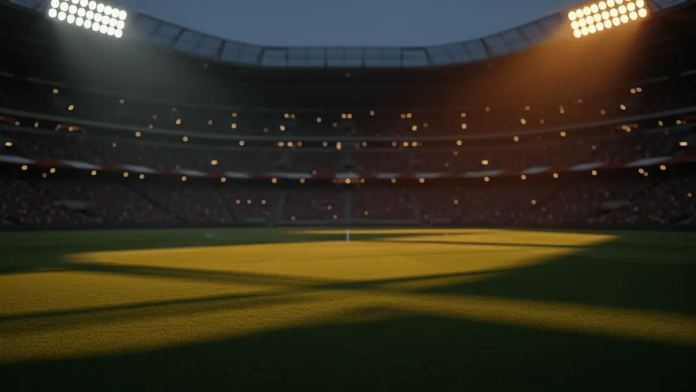 Floodlit stadium pitch at dusk with dramatic shadow patterns and packed stands, shot at low angle with shallow depth of field.