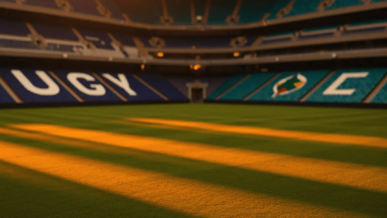 Floodlit football stadium at dusk with geometric shadow patterns on pitch, blue and white seating contrasting with navy and sea-green sections.