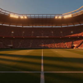 Floodlit football stadium at dusk with packed stands, dramatic shadow patterns, and blue-red atmospheric lighting.