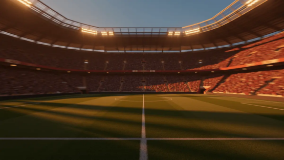 Floodlit football stadium at dusk with packed stands, dramatic shadow patterns, and blue-red atmospheric lighting.
