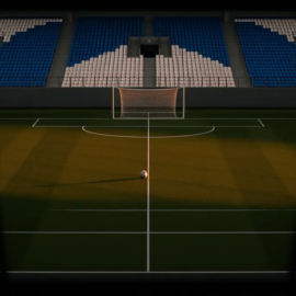 Floodlit football pitch at dusk with sky-blue and white stadium sections visible, match ball on centre spot, broadcast gantry perspective.