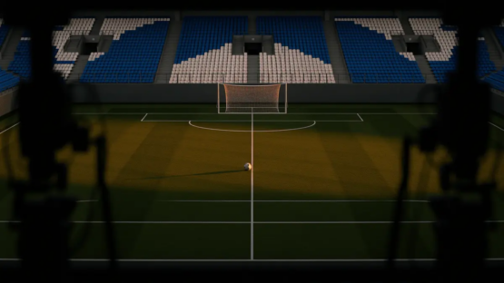 Floodlit football pitch at dusk with sky-blue and white stadium sections visible, match ball on centre spot, broadcast gantry perspective.