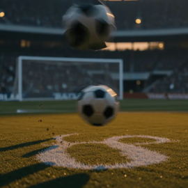 Stadium pitch at dusk with boot striking football mid-flight, blue and yellow atmospheric lighting, dramatic shadows, motion blur effect.