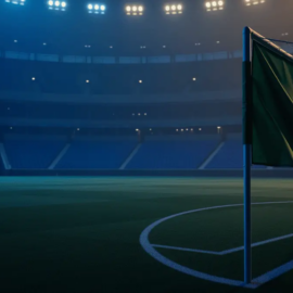 Empty stadium corner with blue-lit pitch and billowing goal net, cool cinematic lighting.