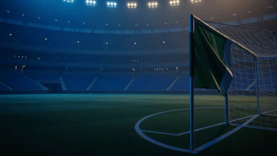 Empty stadium corner with blue-lit pitch and billowing goal net, cool cinematic lighting.