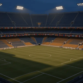 Empty floodlit stadium bowl at dusk with geometric shadow patterns, flag-coloured bunting, and pitch markings visible from elevated angle.
